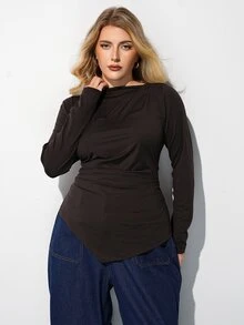 Maija Plus Size Fashion Streetwear Ruched Asymmetrical Hem T-Shirt - Brown - View 7