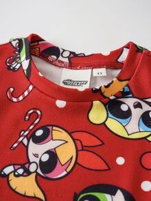 THE POWERPUFF GIRLS X SHEIN Young Girl Cartoon Print Short Sleeve Top And Long Pants Casual Daily Home Sleepwear Set - Red - View 3