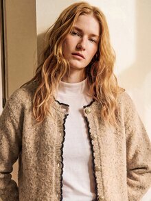 SHEIN French Elegant Gold Button Knit Cardigan - Camel - View 3