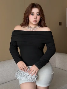 Livesso 大尺碼女款純色露肩休閒日常長袖T恤 - 黑色 - 查看 6