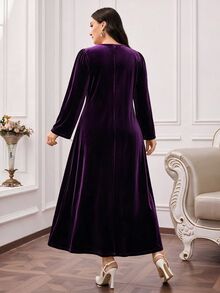 Al Najma Plus Size Women's Contrast Lace Long Sleeve Elegant Arabian Dress - Purple - View 3