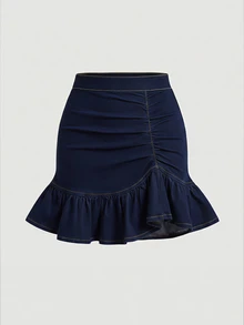 SHEIN MOD Plus Size Women's Fashion Ruffle Hem Pleated Denim Mini Skirt - Dark Wash - View 1