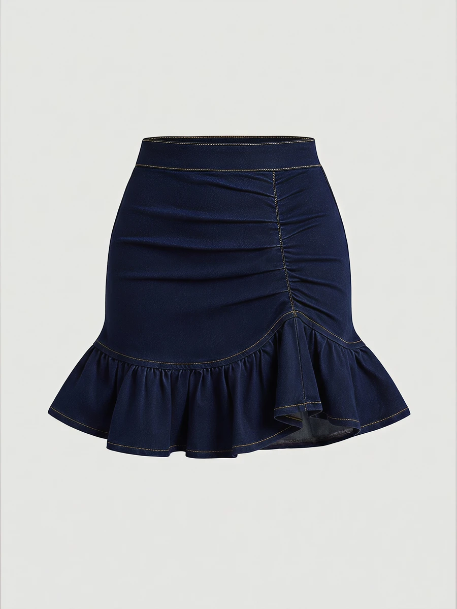 SHEIN MOD Plus Size Women's Fashion Ruffle Hem Pleated Denim Mini Skirt - Dark Wash - View 1