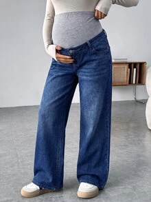 SHEIN Maternity Grey Knit Belly Support Patchwork Vintage Blue Denim Loose Fit Long Pants - Blue - View 4