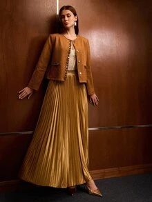 MOTF JAKET LENGAN PANJANG WANITA MODEL VINTAGE DENGAN SAKU BERHIAS PAYET DAN MANIK-MANIK - Coklat - View 6