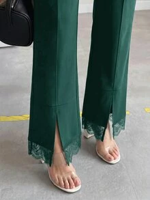 Editum 夏季優雅女款黑色開衩蕾絲拼接針織彈性高腰長褲內搭褲，通勤穿搭、辦公職場穿搭、約會穿搭，可搭配多款上衣，百搭長褲 - 墨綠色 - 查看 5