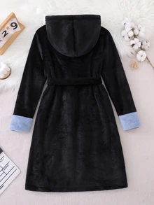 Boys' Home Clothes Big Kids Warm Soft Skin-Friendly Plush Hooded Design Belted Robe - Black - View 2