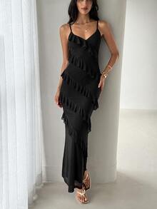 Aloruh Women's Spring/Summer Bohemian Ruffle Trim Slim Fit Dress - Black - View 4