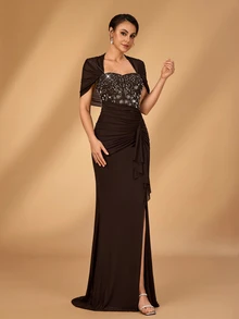 Serin Elegant Chocolate Brown Stretch Sequin Tulle Sheer Sweetheart Cape Ruched Draped Ruffle Slit Mother Of The Bride Wedding Guest Autumn Evening Gown - Coffee Brown - View 7