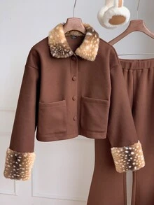 Comfortcana Women's Vintage Faux Fur Patchwork Cuff Button Jacket - Brown - View 7