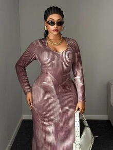 Maweii Plus Size Sexy V-Neck Fitted Print Long Sleeve Women's Dress - Brown - View 5