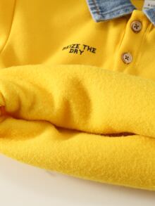 SHEIN 2pcs Baby Boy Autumn/Winter Letter Print Contrast Color Shirt Collar Long Sleeve Pullover Sweatshirt & Denim Jeans Two Pieces Set, Yellow Sweatshirt Racing Outfit, Sweatshirt Set, Denim Set - Multicolor - View 9
