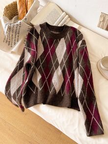 CosyJoli Women's Diamond Pattern Round Neck Long Sleeve Casual Versatile Sweater - Multicolor - View 3