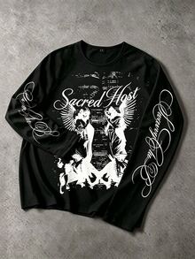 Manfinity EMRG Kaos Pria Bergambar Kuda & Tulisan, Kaos Kasual Lengan Panjang Kerah Bulat untuk Streetwear, Pakaian Sehari-hari, Acara Akhir Pekan, dan Kumpul-kumpul. - Hitam - View 4