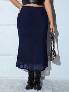 SHEIN EZwear تنورة زرقاء داكنة بمقاسات كبيرة للعطلات والسفر في فصل الخريف - أزرق بحري - مشاهدة 7
