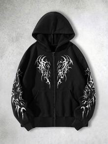 ROMWE MEN Street Life Teen Boy Gothic Print Long Sleeve Zip-Up Hooded Sweatshirt Jacket - Black - View 1