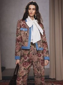 Anewsta Spring/Autumn Vintage French Style Jacquard Colorblock Denim Trim Short Tweed Jacket - Blue - View 4