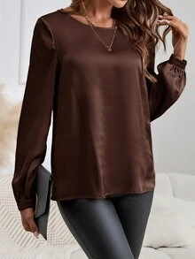 EMERY ROSE Women's Elegant Commuter Style Round Neck Long Sleeve Shirt - Brown - View 4