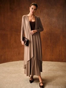 MOTF PREMIUM WOMEN'S CASUAL COMMUTE SHAWL & KNIT SKIRT 2 PIECES SET - Khaki - View 5