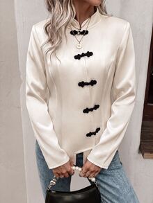 SHEIN Women's Elegant Chinese Style Long Sleeve Jacket With Frog Button Design - Beige - View 1