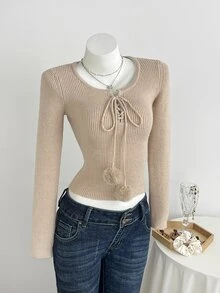 Dulcita Women's Autumn/Winter Round Neck Cross Tie Pom Pom Design Fitted Ribbed Knit Sweater, Cute Vibe - Khaki - View 5