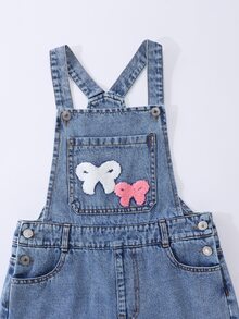 SHEIN ChillGRL Tween Girls Denim Overalls & Jumpsuits New All-Season Blue Distressed Ripped Washed Adjustable Shoulder Strap Bow Towel Embroidery White & Pink Butterfly Pattern Straight Leg Casual Vacation Style Bottoms - Medium Wash - View 6