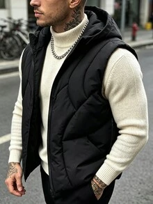 Manfinity Homme Halloween, Navidad, Año Nuevo, Regalo, Chaleco con Capucha y Cremallera Delantera para Hombre, Chaqueta de Invierno - Negro - Ver 1