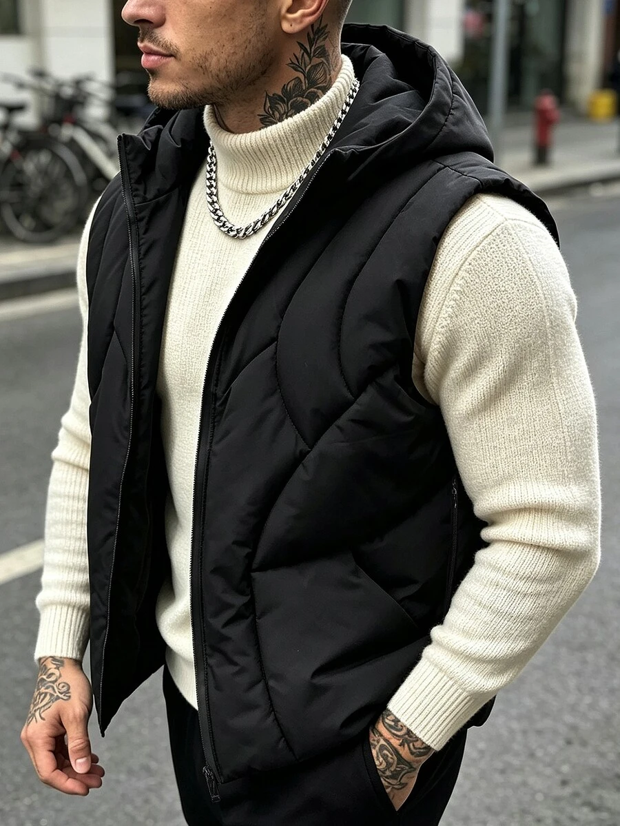 Manfinity Homme Halloween, Navidad, Año Nuevo, Regalo, Chaleco con Capucha y Cremallera Delantera para Hombre, Chaqueta de Invierno - Negro - Ver 1