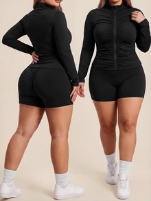 SHEIN Dewbera Women's Plus Size Solid Color Casual Daily Outdoor Sports Jacket - Black and White - View 1