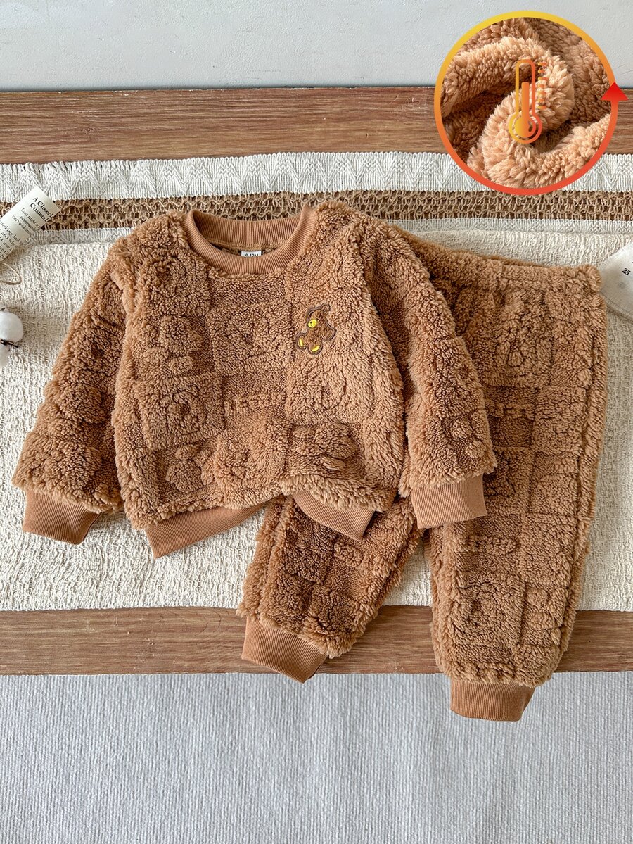 SHEIN Vintaside Kids 男嬰冬季羅紋圓領長袖珊瑚絨可愛熊頭印花簡約時尚衛衣與百搭休閒長褲套裝,適合寒冷冬季、戶外旅行、休閒、幼兒園、公園散步 - 棕色 - 查看 1