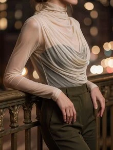 Editum 女款性感透視長袖高領上衣，彈性網紗抓皺設計，適合晚宴、約會、工作與日常穿著，黑色 - 杏色 - 查看 6