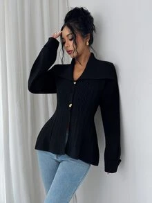 Elenzga Women's Autumn/Winter Elegant Sexy Oversized Collar Waist-Cinching Knit Cardigan - Black - View 5