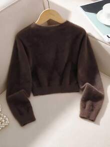 SHEIN Tween女孩秋冬針織開襟毛衣新品，獨特設計展現女孩獨特時尚品味，凸顯自然清新特質，適合親子時光、參加派對、戶外活動及穿搭拍照，ICON女孩必備 - 咖啡棕 - 查看 2