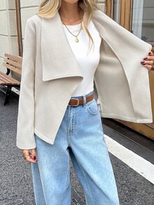 SHEIN LUNE Casual Commute Women's Wool Long Sleeve Autumn/Winter Solid Color Daily Basic Fashion Outwear Outfit - Apricot - View 7