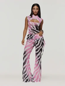 MUSERA Zebra Print Mesh Top Collar Detail And Foldover Trouser Panta Fall Winter Coolgirl Halloween Ultra M - Multicolor - View 3