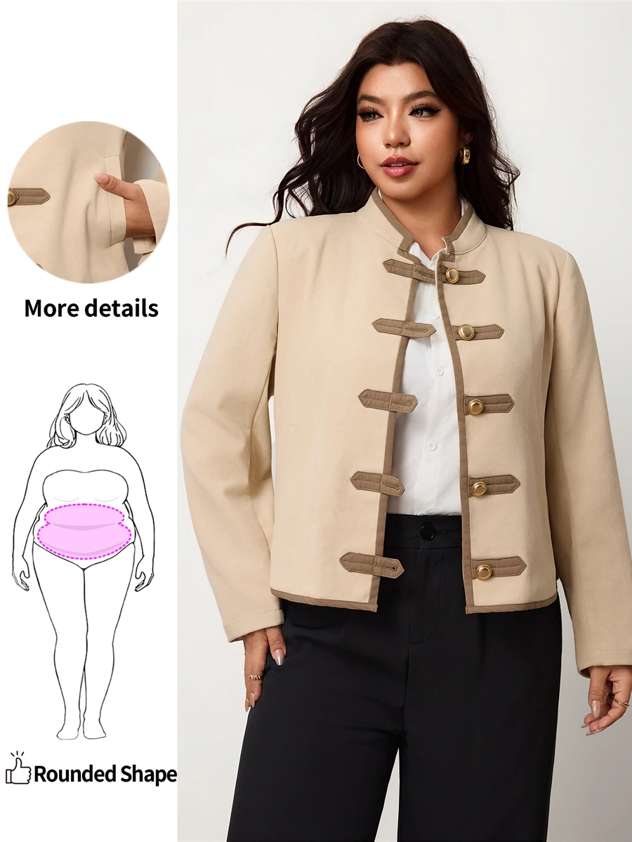 Enliva Jaket Lengan Panjang Ukuran Besar Bergaya Vintage dengan Kantong Kancing Katak - Aprikot - View 1
