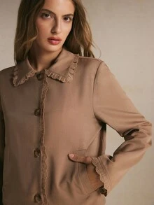 Poéselle Women's Khaki Lace Trim Cropped Jacket, Comfortable Button Front Collared Coat With Pockets, Vintage Coquette Fall Outerwear - Khaki - View 4