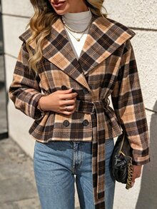 SHEIN Autumn/Winter Atmosphere Plaid Overcoat, Large Lapel Hooded Double-Breasted Belted Short Wool Jacket - Brown - View 4