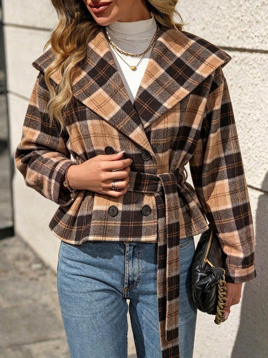SHEIN 秋冬氛圍格紋大衣,大翻領連帽雙排扣繫帶短款羊毛外套 - 棕色 - 查看 1