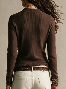 SHEIN Fall Chic Mock Neck Wrap Knit Top, Long Sleeve Button Detail Slim‑Fit Women Pullover - Apricot - View 2