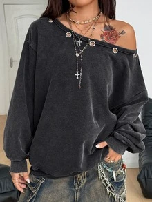 Coolane 女款大尺碼秋冬街頭風 Y2K 休閒棉質不對稱肩環扣長袖黑色水洗保暖衛衣 - 黑色 - 查看 1