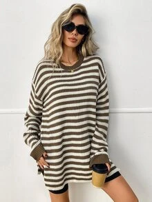 Elyressa Sweater Wanita Bergaris Kasual Gaya Prancis dengan Desain Belahan, Musim Dingin - MultiWarna - View 7