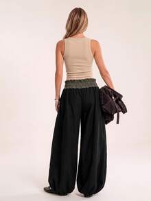 Avantive Women's Plaid Patchwork Drawstring Waist Pocket Loose Long Pants - Black - View 2