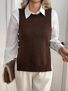 Sprig & Strand Women's Vintage Minimalist Round Neck Knit Vest With Double-Sided Gold Buckles, Loose Sleeveless Layering Sweater - Brown - View 3