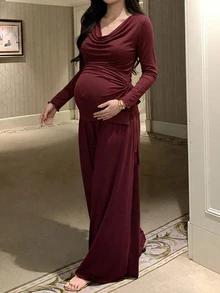 Dazy Maternity Solid Color Elastic Drawstring Tie Cowl Neck T-Shirt & Wide Leg Pants 2 Pieces Set, Elegant Home Wear, Daily, Spring/Autumn, Maternity - Burgundy - View 5