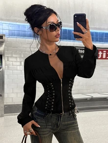 StreetHx Women's Black V-Neck Zipper Sexy Y2K Gothic Slim Fit Holiday Gothic Blouse - Black - View 6