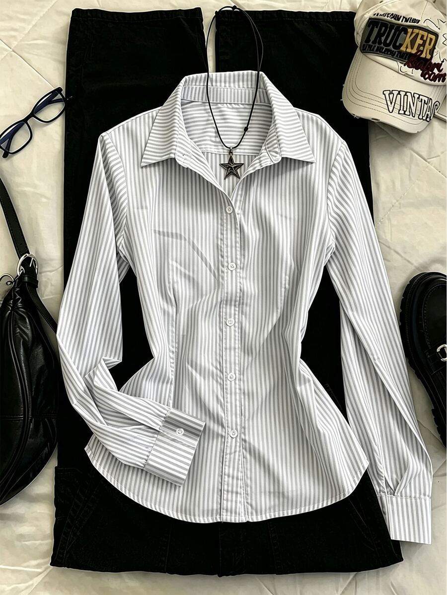 IslaSuriya Women's Striped Print Long Sleeve Button-Down Shirt, Casual Slim Fit Collared Blouse, Y2K Commuter Basic Cinched Waist Shirt - Multicolor - View 1