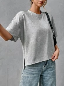 SHEIN Essnce 純棉舒適女款極簡基本款前短後長T恤，時尚百搭，適合外出、穿搭、旅行、度假 - 灰色 - 查看 5