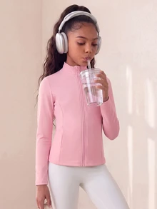 SHEIN 青少年女孩粉色貼身防曬運動套裝 瑜伽服 訓練 皮拉提斯 跑步 戶外活動 健身房 秋季休閒寬鬆健身服 - 粉色 - 查看 3
