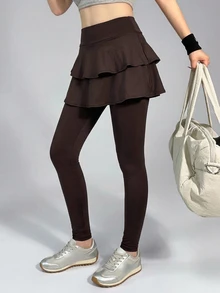 DAZY Legging Olahraga Wanita Kasual Serbaguna Empat Musim, Pinggang Tinggi, Dua Lapisan, Hem Berumbai, Patchwork, Potongan Ramping, Elastis, Warna Kopi - Coklat - View 2